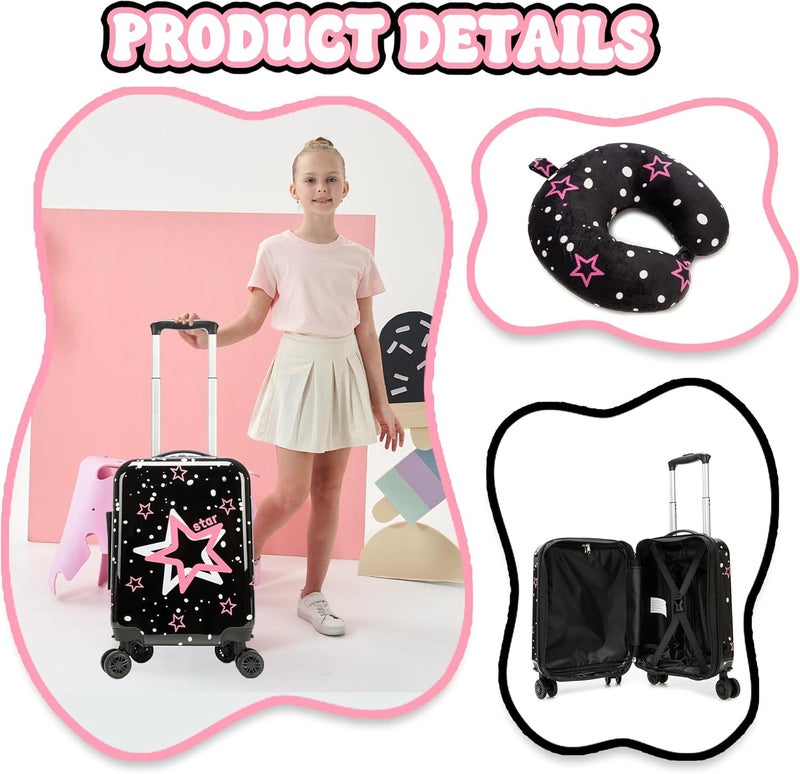 Esteemly Kid's Luggage Set 2 Piece Suitcase Set Hardside Luggage with Spinner Wheels Girls Carry on Toddler Travel Rolling Suitcase with Neck Pillow Airline Approved - Image 4